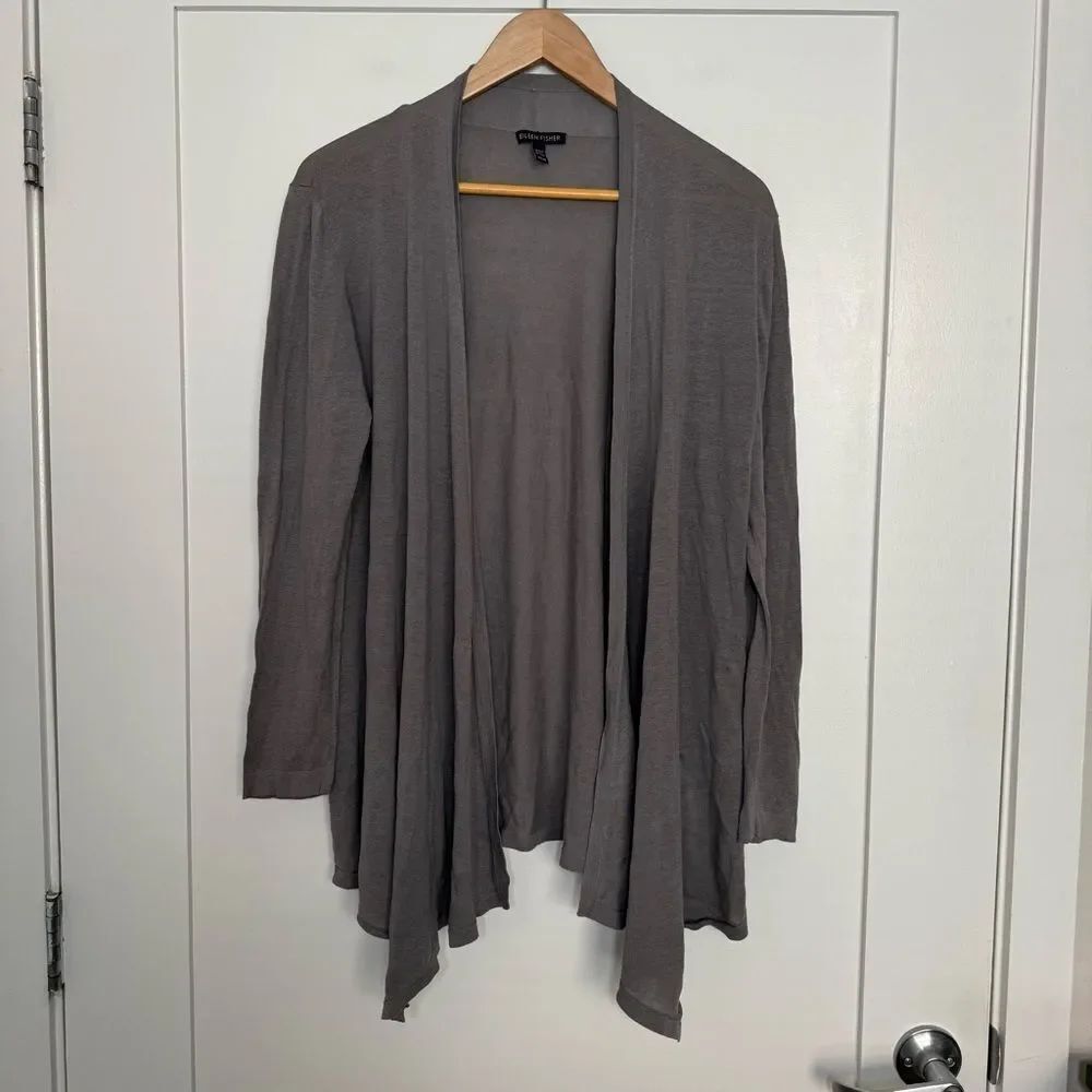 Eileen Fisher Cardigan Women Sz M Gray Open Front Silk Linen Lightweight Coastal
